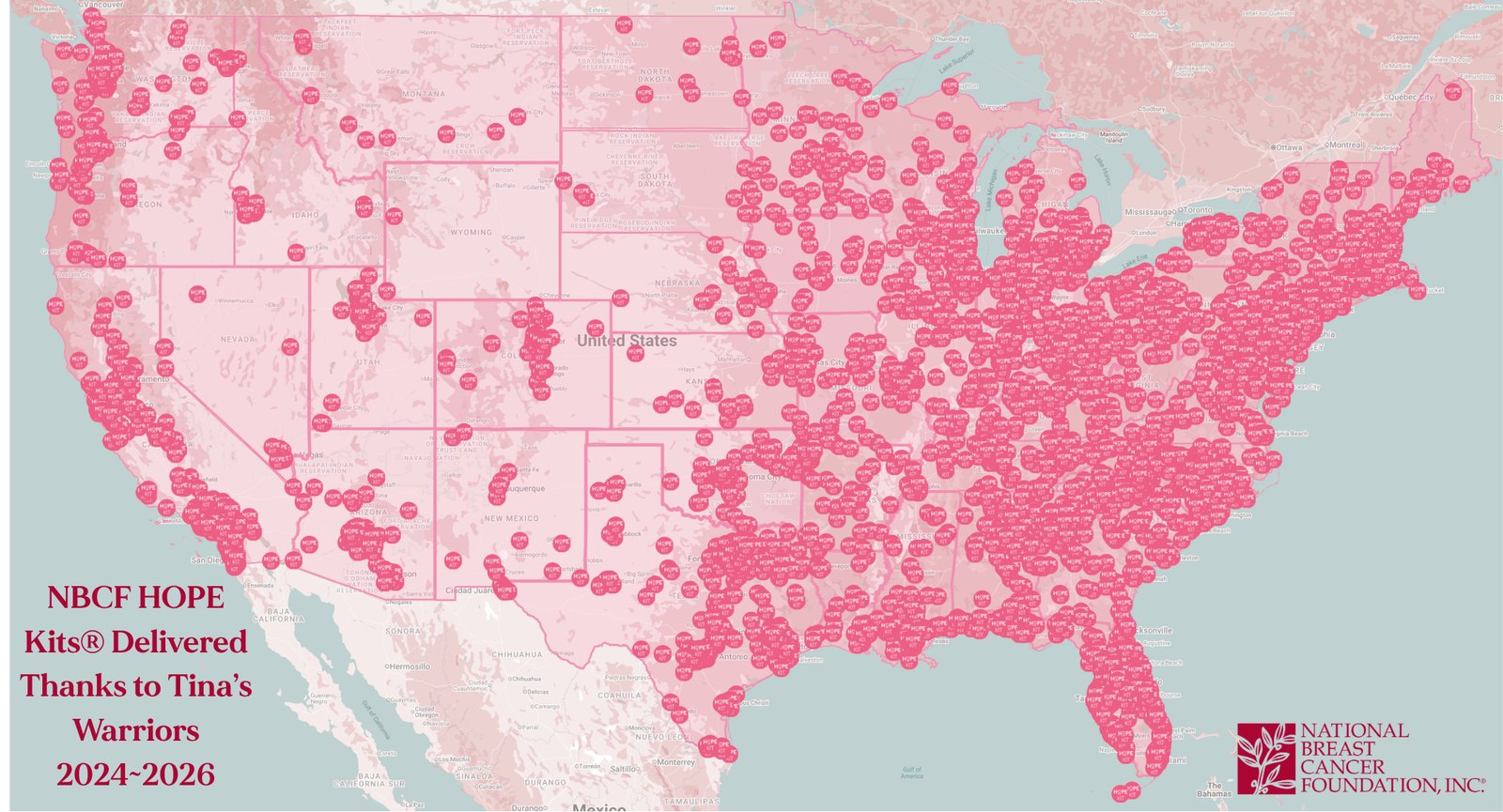 Map of the United States showing NBCF HOPE Kits delivered thanks to Tina’s Warriors between 2024 and 2026, with markers concentrated across the eastern half of the country